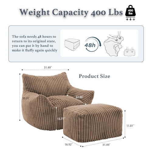 Gericco Oversized Bean Bag Chaise Lounge Chair Indoor for Adults with Armrests & Ottoman - Giant Comfy Khaki Beanbag Floor Sofa Cloud Accent Chair for Reading, Gaming, Cozy Plush Cloud Mini Couch