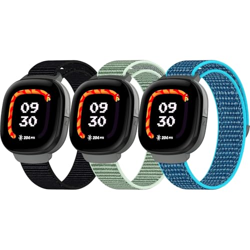 3-Pack Nylon Bands Compatible with Google Fitbit Ace LTE (2024) Breathable Sport Replacement Straps Soft Adjustable Solo Loop Nylon Wristband for Fitbit Ace LTE (Black/Grass Green/Sea Blue)