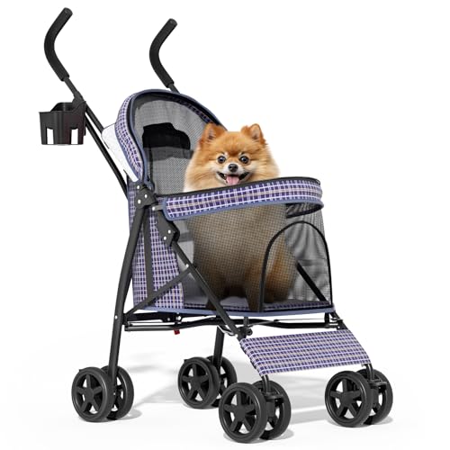 Image of MoNiBloom 4 Wheels Pet Stroller, Easy-Fold Umbrella Shaped Dog Cat Jogger Stroller w /Storage Bag & Visible Mesh for Small /Medium Dogs Cats Plaid