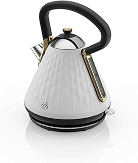 Swan Gatsby White and Gold 1.7 Litre Pyramid Kettle, 3 KW Rapid Boil, Diamond Pattern Design, Matte White with Gold Accents, SK14080WHTN