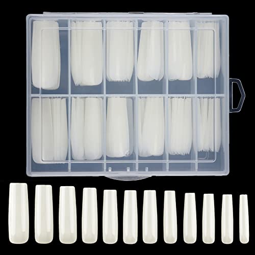 120 Stück Extra lange quadratische Nagelspitzen aus Acryl, volle Abdeckung mit Box, 12 Größen (durchsichtig) (natürlich) Cover