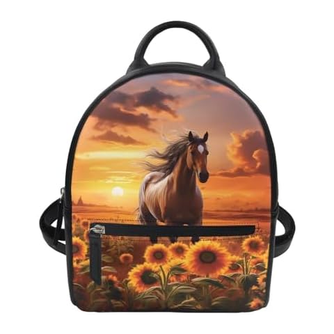 Amzbeauty Horse Sunflower Print Mini Purse Backpack For Women Leather Casual Lightweight Small Daypack Shoulder Bag Cover