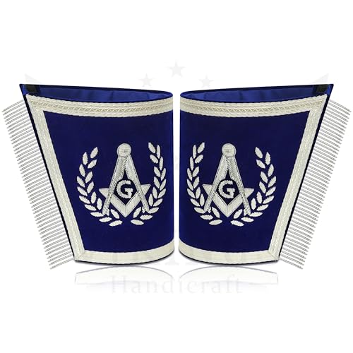 Master Mason Masonic Cuffs – Blue Velvet with Gold or Silver Embroidery | Square & Compass G | Pair with Fringe