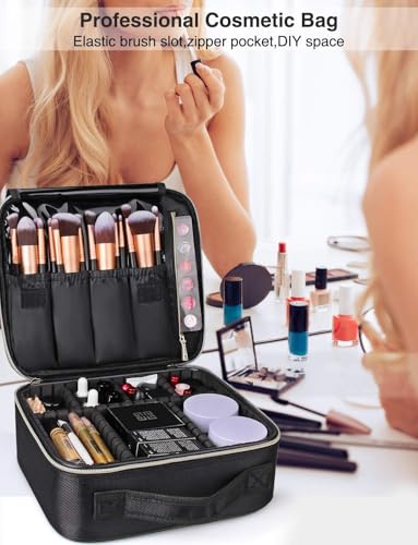 Image of Relavel Travel Makeup Train Case Makeup Cosmetic Case Organizer Portable Artist Storage Bag with Adjustable Dividers for Cosmetics Makeup Brushes Toiletry, Black with Gold Zipper
