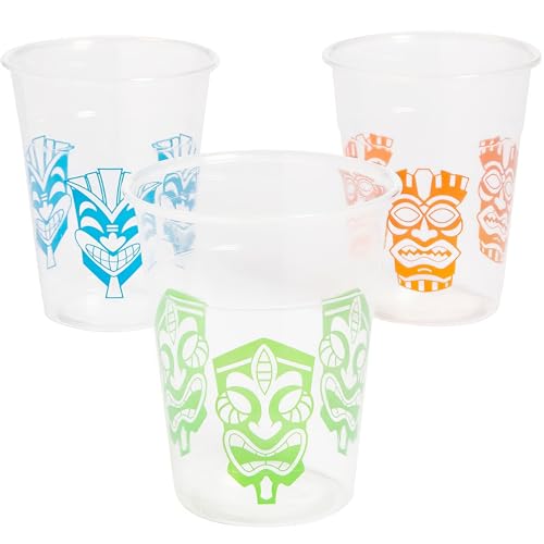 Fun Express Tiki Plastic Cups - Bulk Set of 50, Each Holds 16 oz - Luau, Pool and Summer Party Supplies