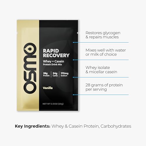 Image of Osmo Rapid Recovery - Whey & Micellar Casein Protein Powder Blend with Carbohydrates & Caffeine, All Natural Ingredients, Enables Muscle Repair & Boosts Glycogen Restoration - Vanilla, 8 Servings