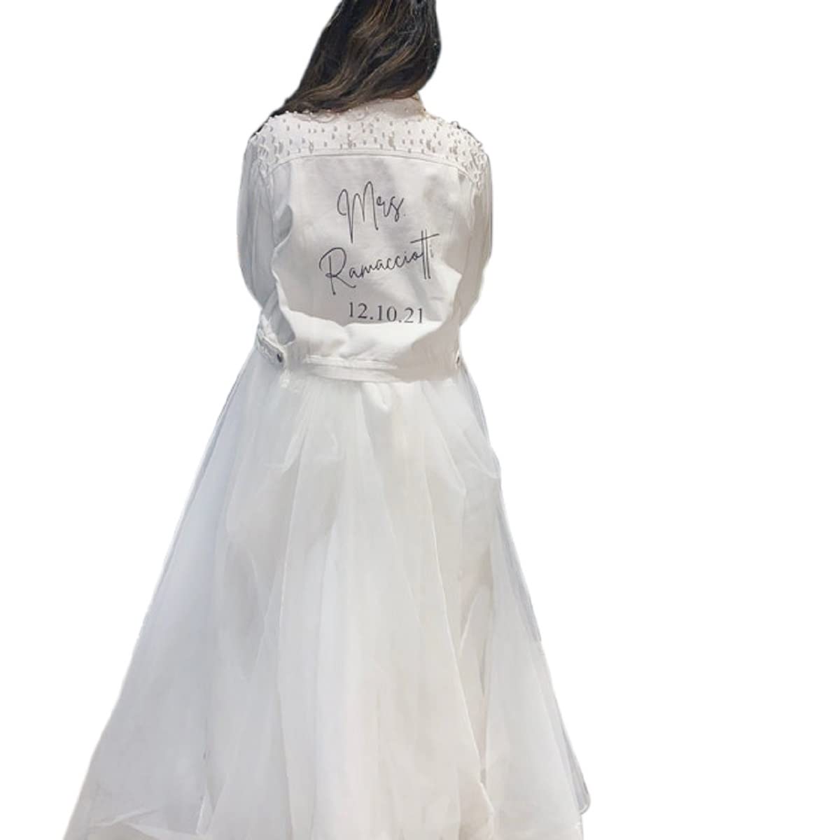 Personalizzato Perla Jean Cappotto Donna Giacca di Denim Bianco Con Perle Wifey Jean Cappotto Da Sposa Jean Cappotto