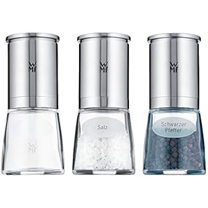 WMF De Luxe 0667949990 zout- en pepermolenset 3-delig gevuld, Cromargan roestvrij staal, glas, keramisch maalwerk, molen…
