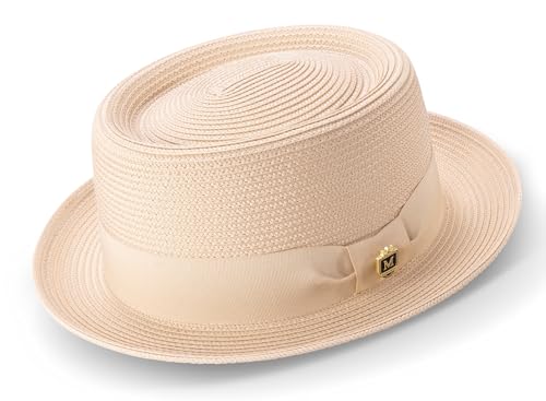 MONTIQUE Signature Ribbon Band Fedora Hat for Men | Elegant Porkpie Hat to Elevate Men’s Style | US Alpha Small Beige | H-95