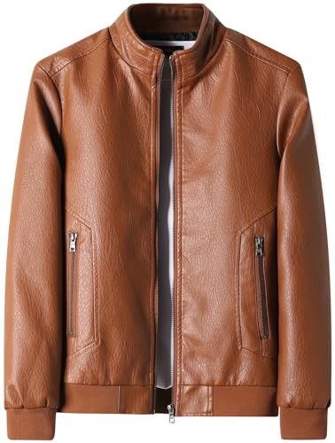 Image of PEGENO Men's Stand Collar Leather Jacket Lightweight Faux Leather Motorcycle Jacket