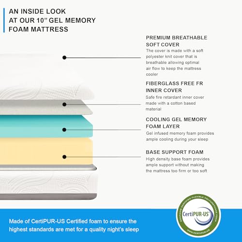 Image of Irvine Home Collection Full Adjustable Base with 10 Inch Gel Memory Foam Mattress Combo, Massage, Underbed Light, Wireless Remote
