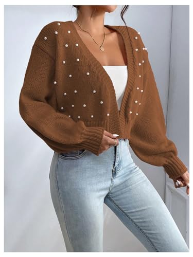 Image of SHENHE Women's Pearl Beaded Open Front Cardigan Oversize V Neck Drop Shoulder Cropped Sweater