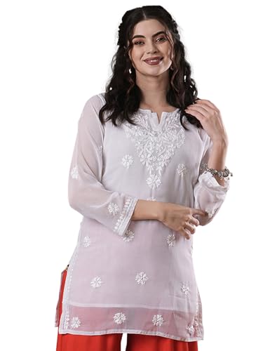 Image of Ada Women's & Girl's Georgette Hand Embroidered Lucknow Chikankari Regular Fit Short Kurti Top with Slip A911300