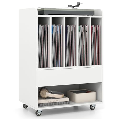 KOMFOTTEU Soporte para Tocadiscos con Ruedas, Mesa Auxiliar con 5 Compartimentos, Cajón, Estante Inferior y Ganchos, Armario de Almacenamiento para hasta 180 Álbumes, 52 x 35,5 x 73 cm, Blanco