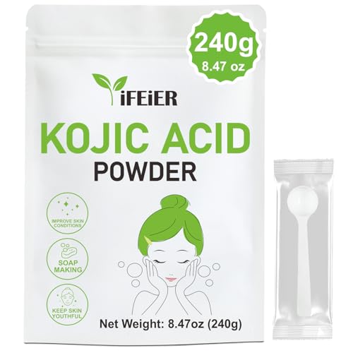 iFEiER Pure Kojic Acid Powder 240g(8.47oz) for Skincare Products and Homemade Cosmetics. Natural and Organic Bulk Kojic Acid Powder for DIY Serums | Soaps. Soluble in Water and insoluble in Oil.