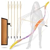 Youth Wooden Bow and Arrow Set, 40 Inch Archery Set Microfiber Leather-Wrapped, Handmade Toys Bow and Arrow Cosplay Costume Prop Games, 5 Feather Arrows (Rubber Tip), Gifts for Kids Boys Girls