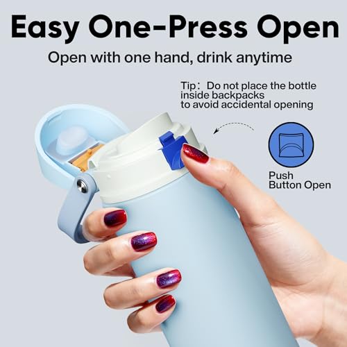 Image of ENCOOL Insulated Water Bottle with Straw Stainless Steel Water Bottle with Push Button Lid, Leak-Proof & BPA-Free, Keeps Cold for 24 Hours for Sports, Travel, Gym (24 oz, Hazy Blue-Blue)