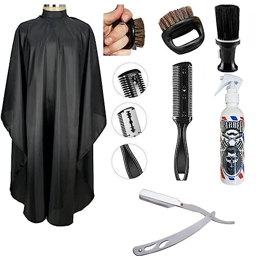 Kit Barbeiro, Capa De Corte Profissional + Borrifador com Barbeiro + Espanador Talqueira + Navalhete