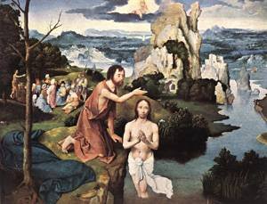 Baptême du Christ peinture à l'huile de Joachim Patenier en grand format 36x48 pouces