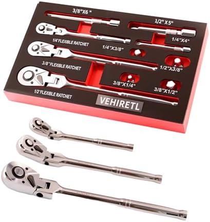 VEHIRETL 10 Piece Flex Head Ratchet Set. 1/4. 3/8 and 1/2 Drive Swivel Head Ratchet Wrench wit...