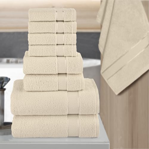Image of Elegant Comfort Premium Cotton 8-Piece Towel Set, Includes 4 Washcloths, 2 Hand Towels and 2 Bath Towels, 100% Turkish Cotton - Highly Absorbent and Super Soft Towels for Bathroom, Ivory