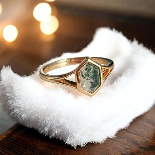 Nature Inspired Moss Agate Promise Ring 9kn Solid Rose Gold Hexagon Moss Agate Engagement Solitaire Ring Bridal Statement Handmade Jewelry Proposal Gift For Her3