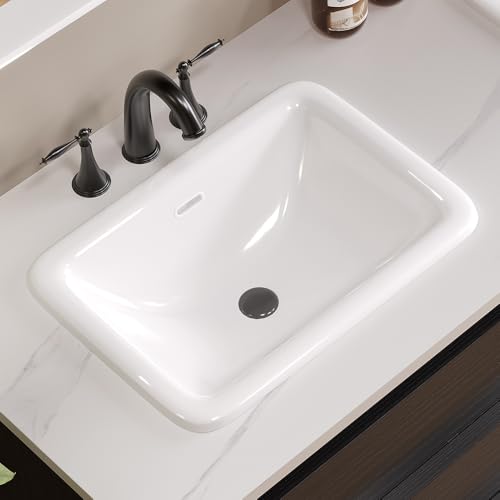 Bathroom Vessel Sink 18\" x 14\" Semi Recessed Sink White Drop in ceramic Sink with Overflow Modern Sinks Bowl Vanity Above Counter Basin