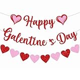 Happy Galentine's Day Banner Red Pink Galentine's Day Bunting Banner With Glitter,Galentines Day Heart Decorations for Galentines Day Anniversary Decorations Supplies