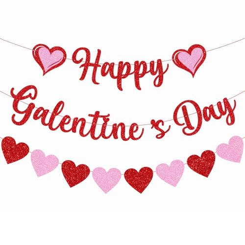 Happy Galentine's Day Banner Red Pink Galentine's Day Bunting Banner With Glitter,Galentines Day Heart Decorations for Galentines Day Anniversary Decorations Supplies