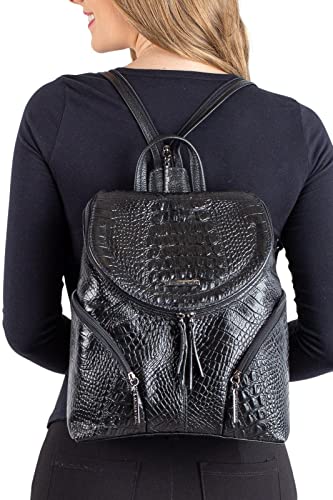 Mochila pequena de couro croco Cecília - Preto grafite