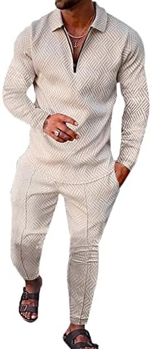 BURWOF Size L Light Beige Men's Polo Sweatsuit Sets Long Sleeve 2 Piece Outfit Fashion Jogging TrackSuit Comfy Casual Set for Men