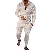 BURWOF Size L Light Beige Men's Polo Sweatsuit Sets Long Sleeve 2 Piece Outfit Fashion Jogging Track