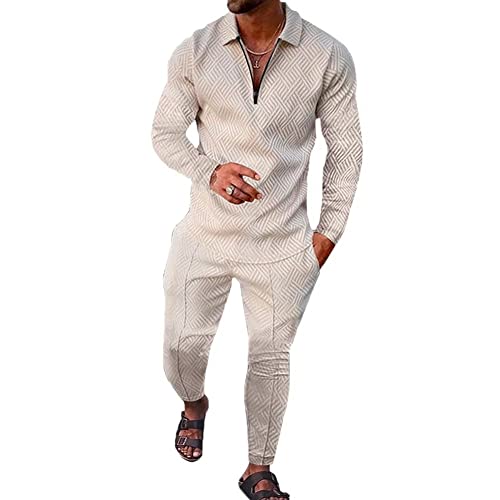 Burwof Size L Light Beige Men's Polo Sweatsuit Sets Long Sleeve 2 Piece Outfit Fashion Jogging Tracksuit Comfy Casual Set For Men #TOP1