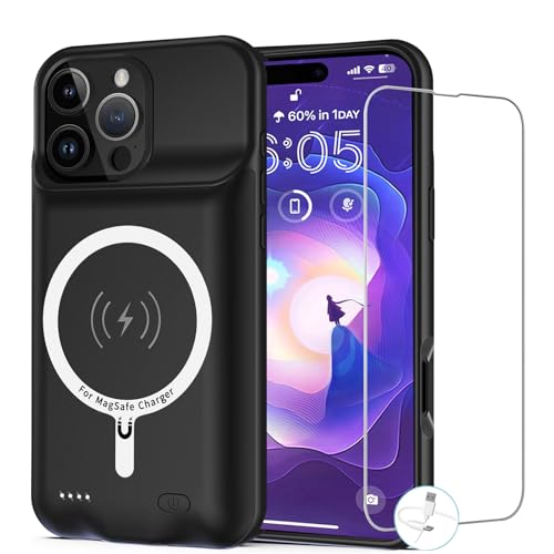 Battery Case for iPhone 16 Pro Max, [12000mAh] Enhanced Portable Protective Qi Wireless Charger Case Battery Pack with CarPlay Wireless Charging Case Compatible for iPhone 16 Pro Max (6.9 inch)-Black