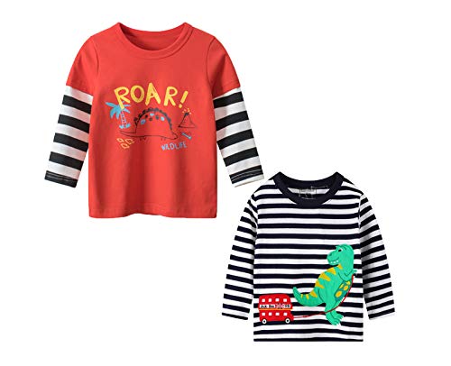 BIBNice Boys Long Sleeve Shirts Toddler Cotton Fall Top Kids Clothes Dinosaur 2 Pack Size 4T