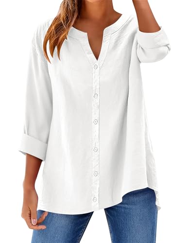 LOMON LOMON Womens Button Down Shirts Long Sleeve Cotton Button Up Shirt Linen V Neck Casual Loose Tops Blouses