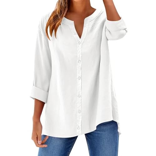 LOMON Womens Button Down Shirts Long Sleeve Cotton Button Up Shirt Linen V Neck Casual Loose Tops Blouses