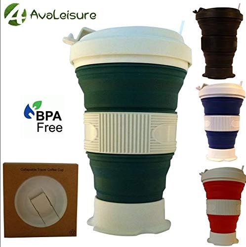 AvaLeisure 16oz Collapsible Travel Cup - Big, Foldable Silicone Mug with Leak-proof Lid for Coffee, Water, Tea - Portable Camping, Hiking Mugs, col. green with straw