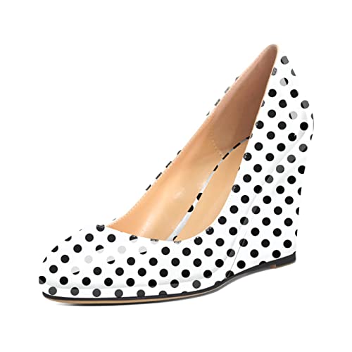 AUMOTED Women's Wedge Heel Pumps Shoes Round Toe Slip On High Heels for Party Evening Dress Shoes Patent Leather Polka Dot US Size 7.5