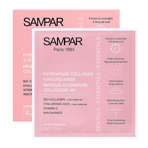 Masque Visage Collagène Korean – Lot de 4 SAMPAR – Fabriqués en Corée, Anti-Rides &amp; Hydratation Intense – Collagène 100DA + Acide Hyaluronique – Effet Glass Skin en 4h