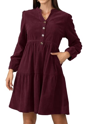 Jayscreate Women's 2025 Long Sleeve Corduroy Dress Above Knee A-Line V Neck Fall Winter Short Work Dress Red