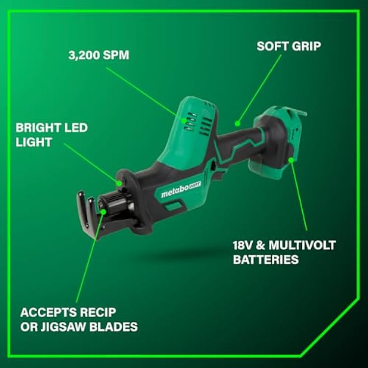 Metabo HPT 18V Cordless One-Handed Reciprocating Saw, Lightweight Design, Compact Saw Size, High-Speed 3,200 Strokes Per Minute, Versatile Blade Compatibility, LED Light, CR18DAQ4