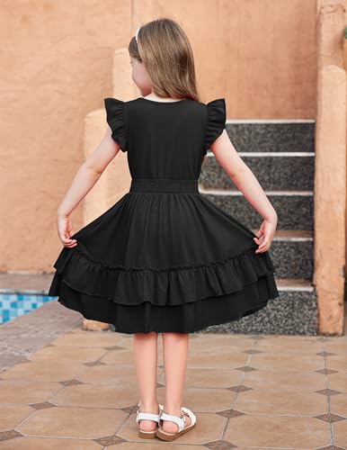 Image of Arshiner Girls Dresses Flutter Sleeve A-Line Sundress Casual Summer Tiered Swing Midi Pocket Dress