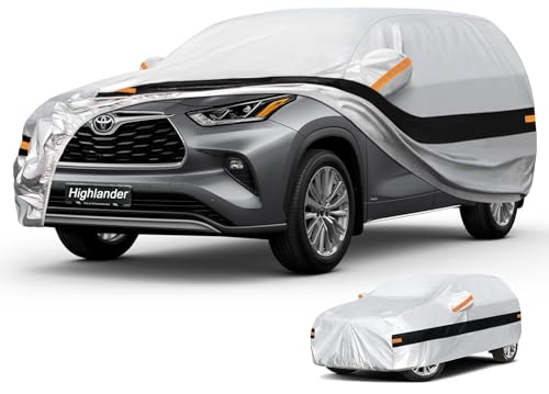 Image of Holhtly Car Cover Custom Fit for Toyota Highlander, Car Covers for Automobiles All Weather Waterproof Sun Snow Rain Wind Dust Protection, Outdoor Car Cover Gray & Black