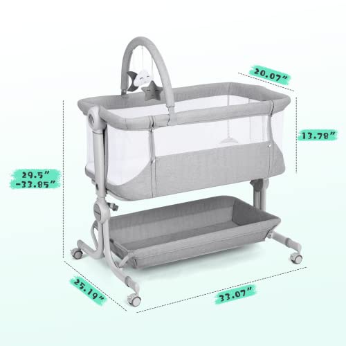 Cowiewie Baby Bassinet Bedside Crib With Storage Basket,Wheels And Toys, Easy Folding Bed Side Sleeper Adjustable Height Portable Bassinets For Newborn #TOP1