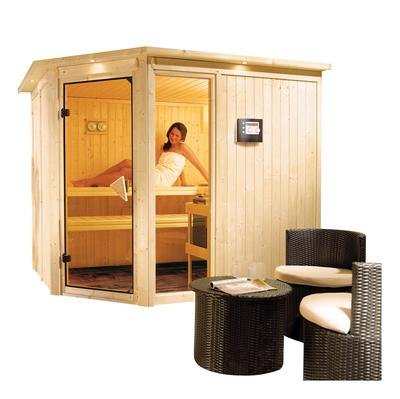 Fiona 3- Karibu Sauna inkl. 9- kW- Ofen- mit Dachkranz