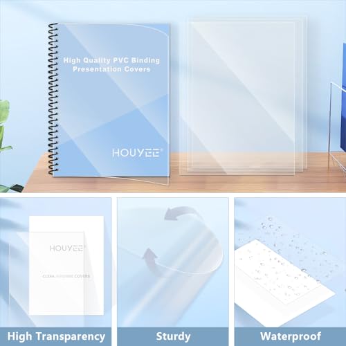 HOUYEE 200 Pack 7 Mil PVC Binding Presentation Covers, Clear Report Cover Sheets for Binding, Square Corner, 8.5 x11 Inches, Letter Size