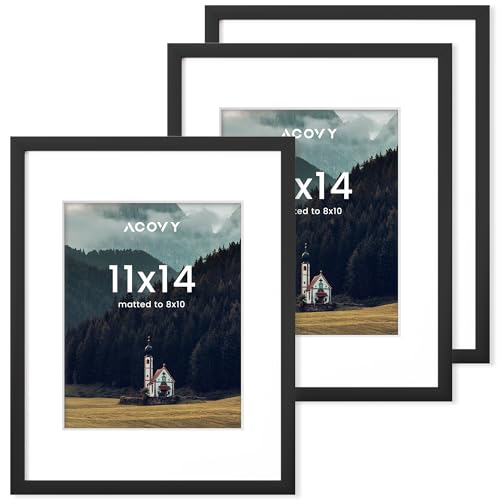 Acovy 11x14インチ 写真フレーム 11x14インチ 壁用フレーム 11x14インチ 写真フレーム マット付き 8x10インチ 11x14インチ 写真フレーム 高解像度プレキシガラス付き (ブラック, 3パック)