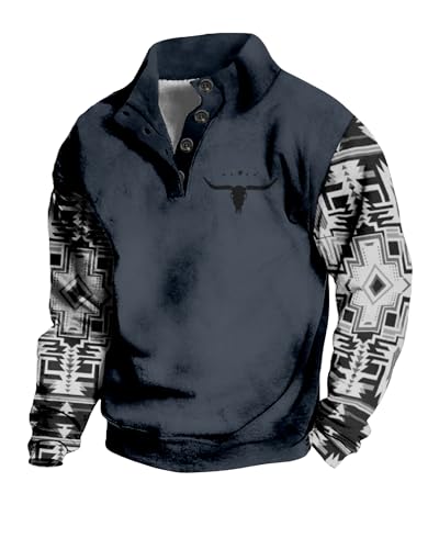 Bengbobar Men's Western Sweatshirt Cowboy Bull Head Aztec Hoodies Long Sleeve Button Stand Collar Ethnic Pullover Jackets
