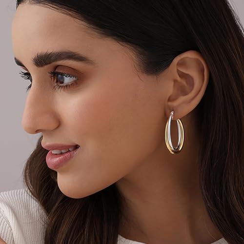 Image of TRUESILVER ACPL 925 Sterling Silver Hoop Earrings for Women | BIS Hallmarked Two-Tone & Three-Tone Intertwined Hoop Earrings | Oval & Round Lightweight Jewelry